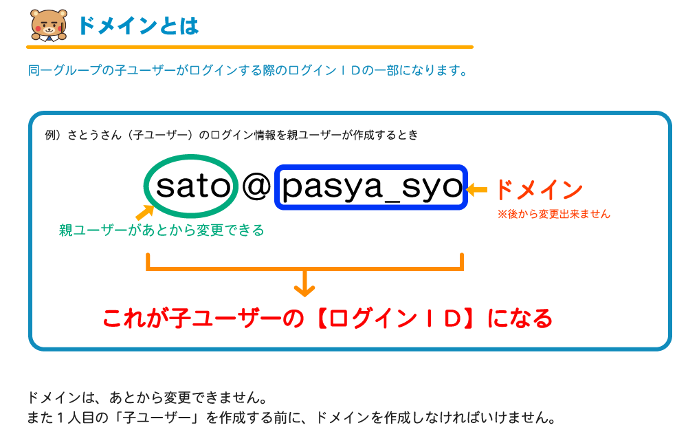 グループIDとは同一グループの子ユーザーがログインする際のログインIDの一部になります。子ユーザーはメールアドレスが無くてもパシャ打ちにログインが可能です。